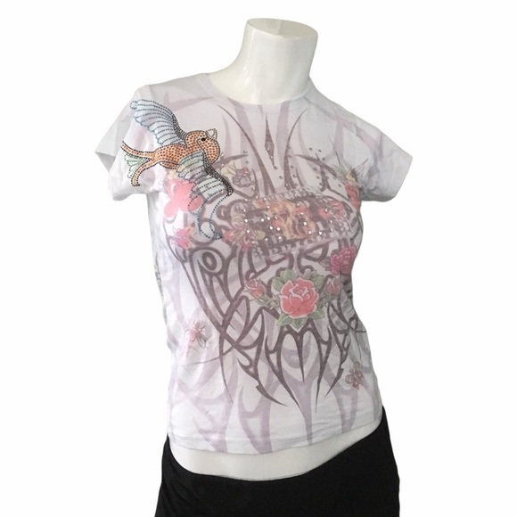 new Go Jeans Couture ❃ Edgy Tattoo Floral Print Crystal Tee T Shirt ❃ White ❃ - Picture 8 of 9
